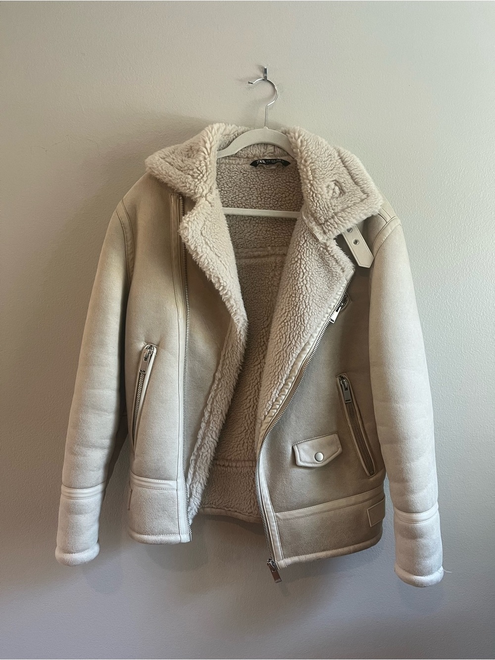 ZARA Cream Faux Suede Shearling Moto Biker Jacket Size S